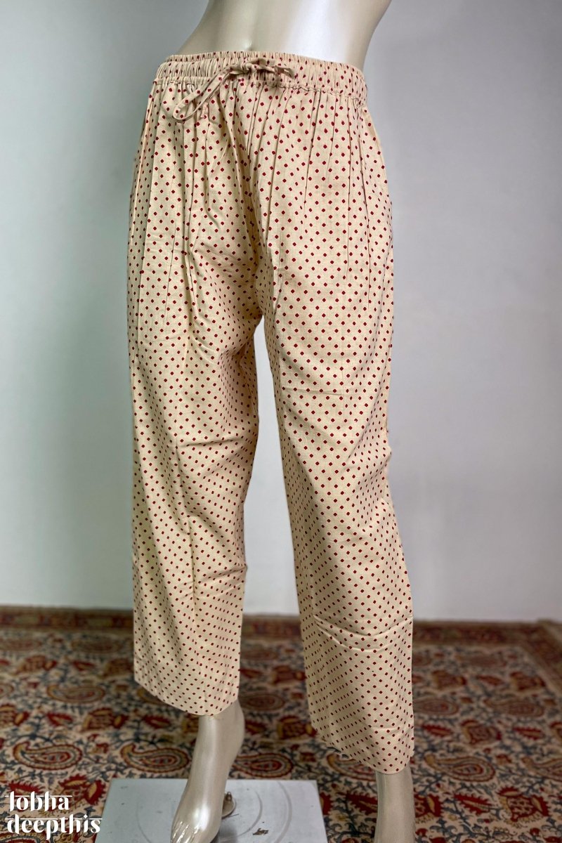 Red Dots on Cream Cotton Straight Pants - Lobha Deepthis