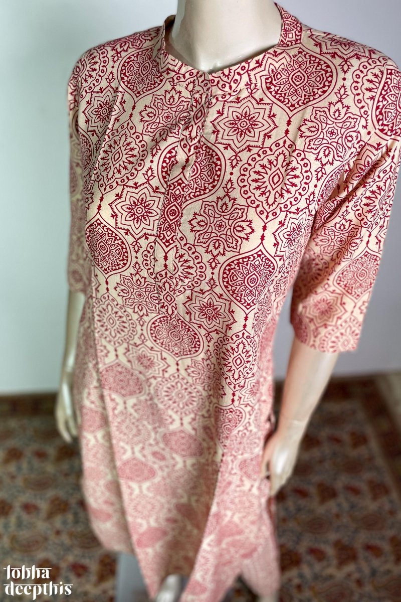 Red Floral Print on Cream Collar Kurta - Lobha Deepthis