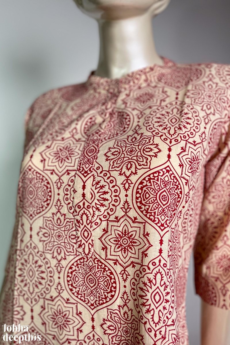 Red Floral Print on Cream Collar Kurta - Lobha Deepthis