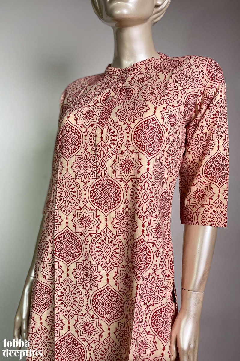 Red Floral Print on Cream Collar Kurta - Lobha Deepthis