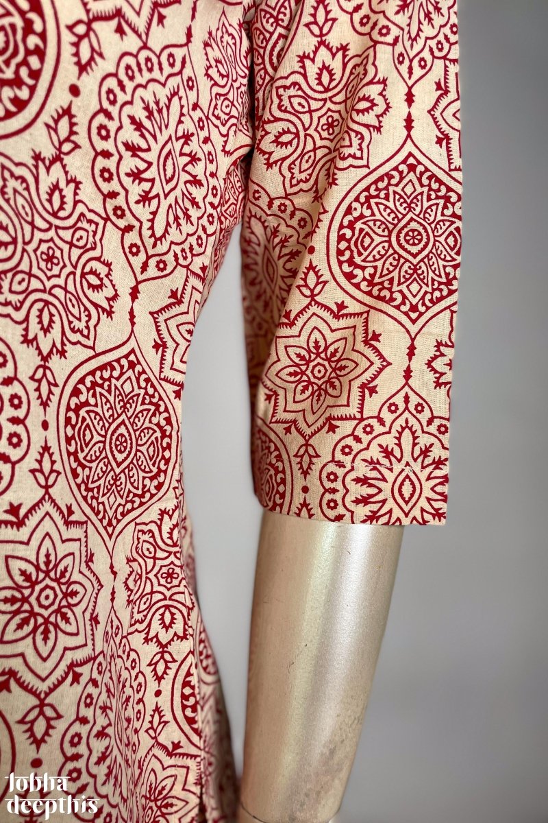 Red Floral Print on Cream Collar Kurta - Lobha Deepthis