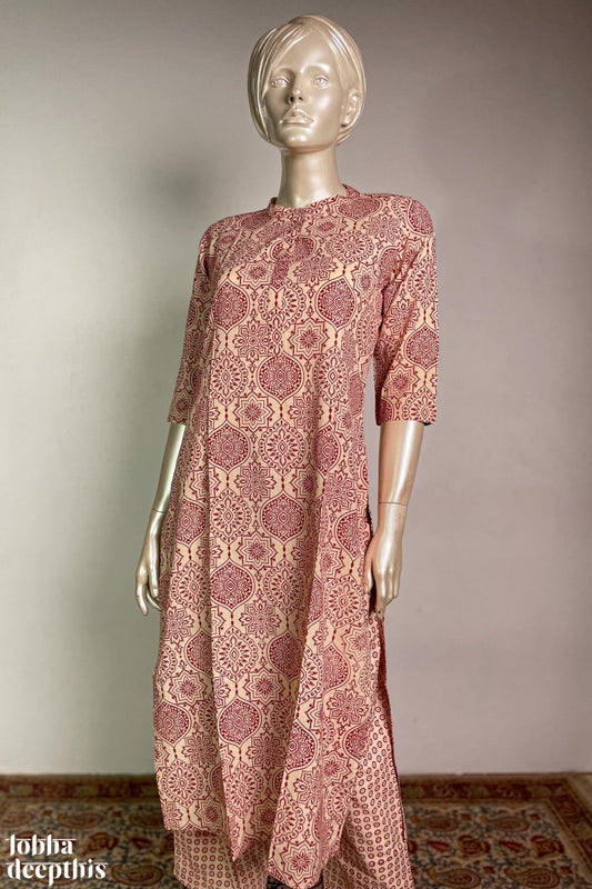 Red Floral Print on Cream Collar Kurta - Lobha Deepthis