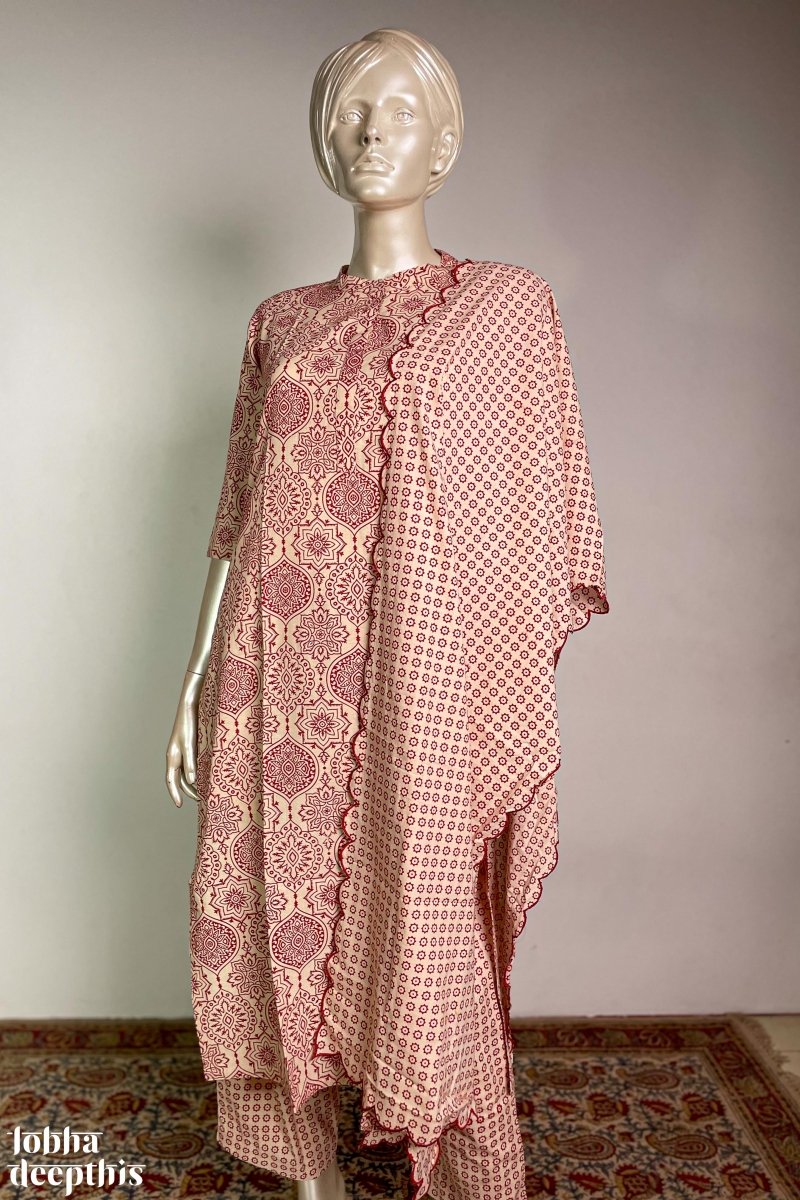 Red Floral Print on Cream Collar Kurta - Lobha Deepthis