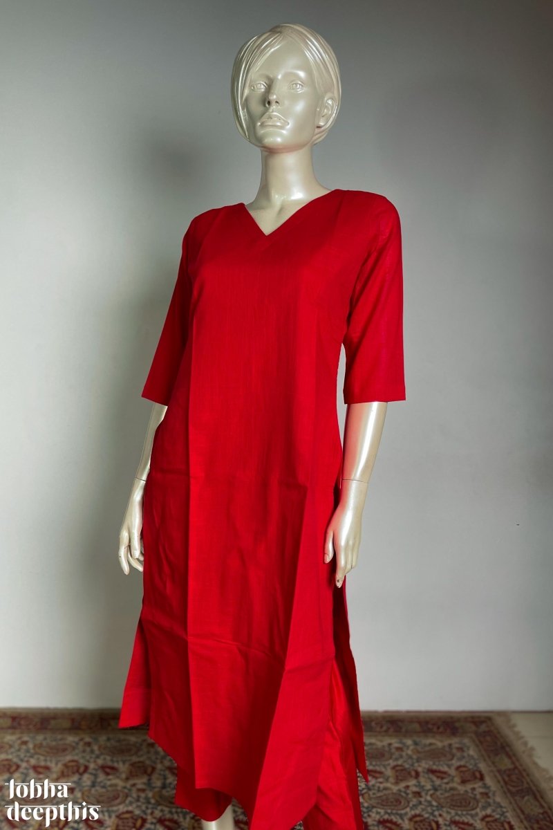 Red Pure Cotton Solid Kurta - Lobha Deepthis