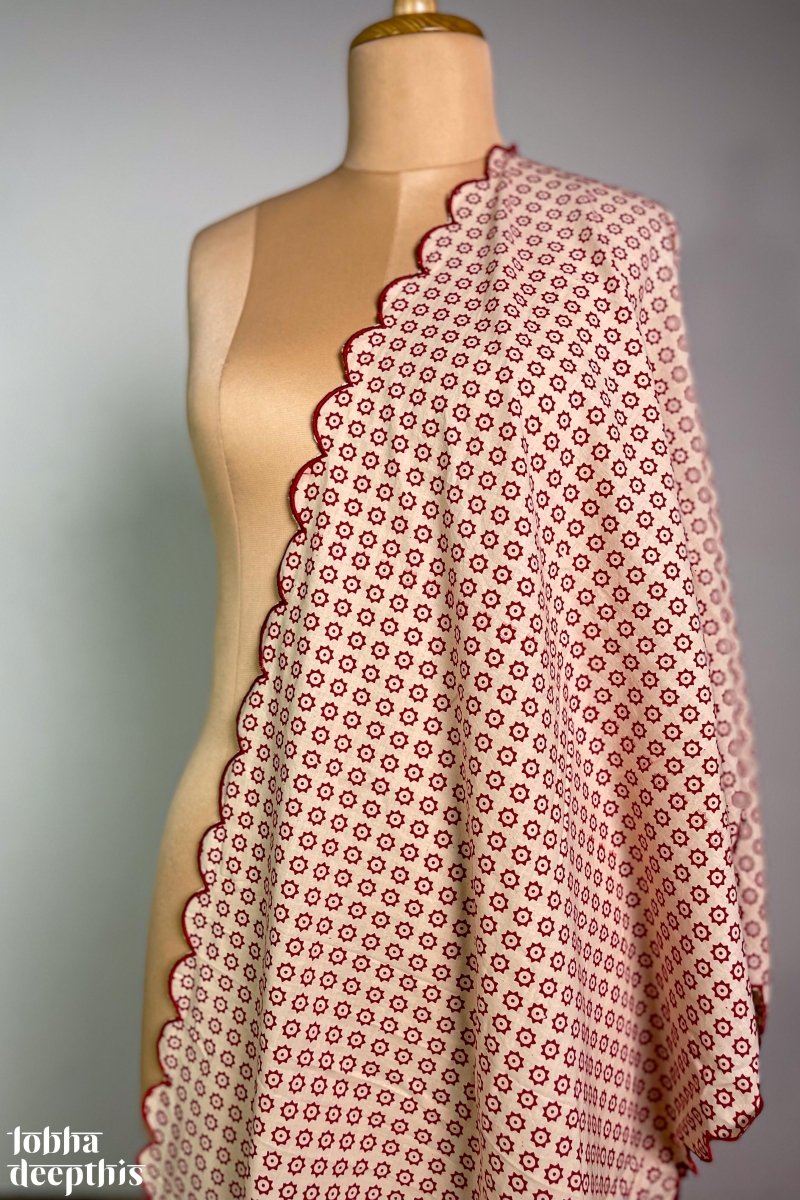 Red Stardust on Cream Cotton Scallop Dupatta - Lobha Deepthis