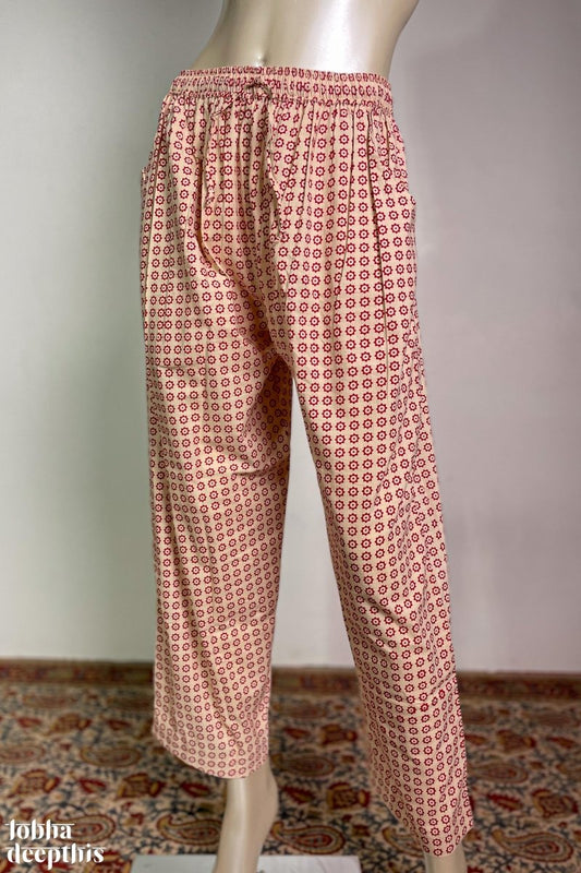 Red Stardust on Cream Cotton Straight Pants - Lobha Deepthis