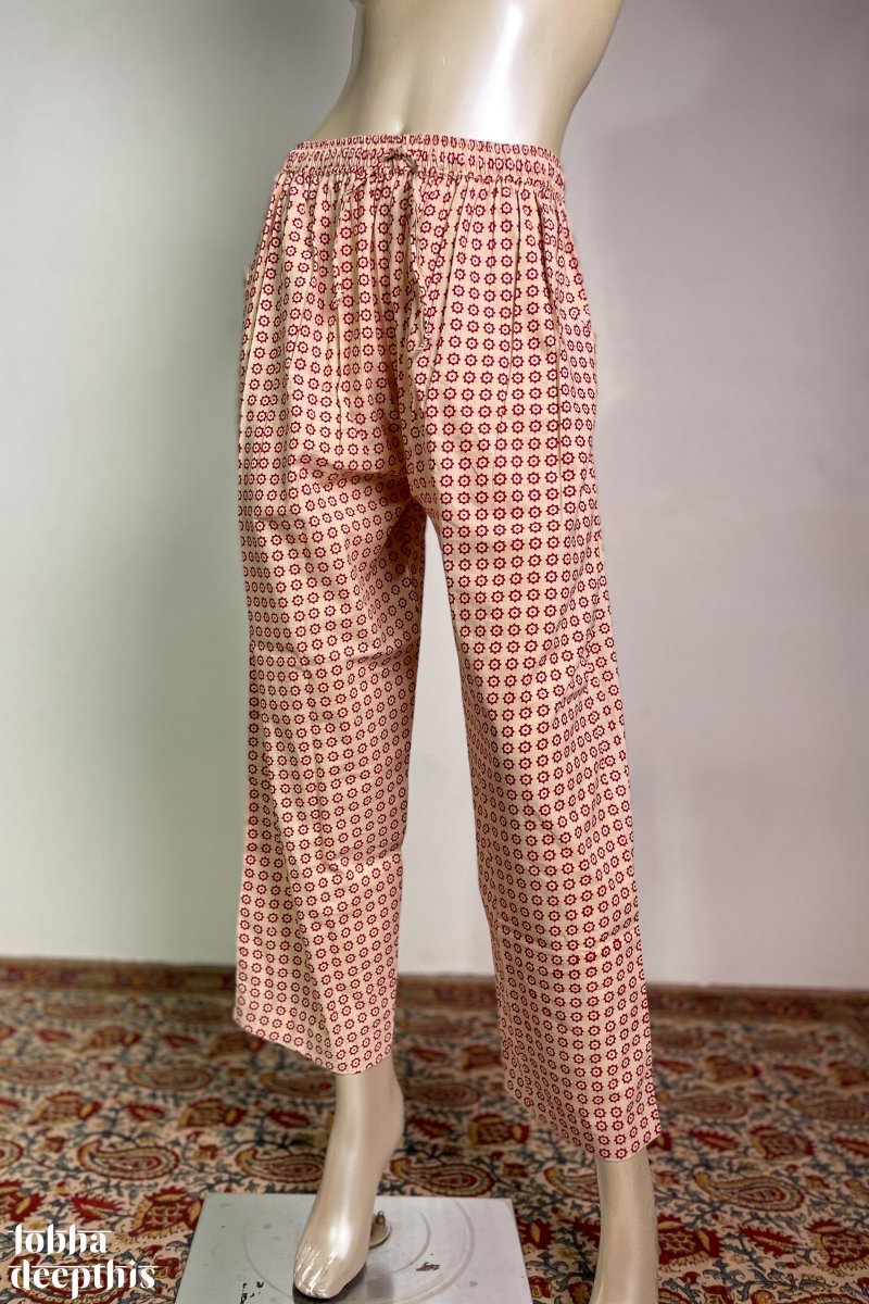 Red Stardust on Cream Cotton Straight Pants - Lobha Deepthis