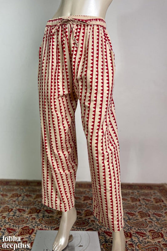 Red Triangle Stripes Cotton Straight Pants - Lobha Deepthis