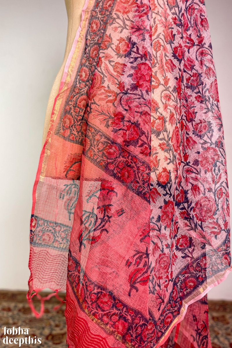 Sanganeri Florals Dark Pink Kota Doria Cotton Dupatta - Lobha Deepthis