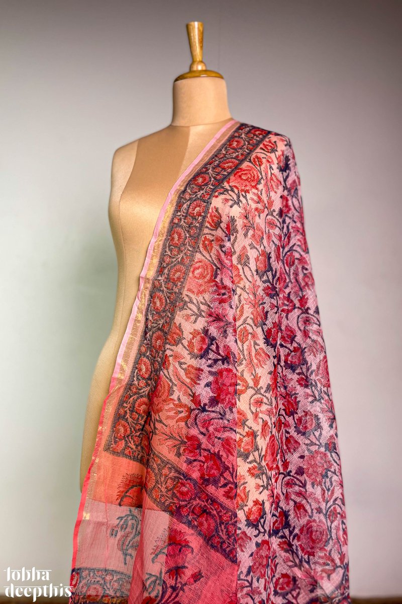 Sanganeri Florals Dark Pink Kota Doria Cotton Dupatta - Lobha Deepthis