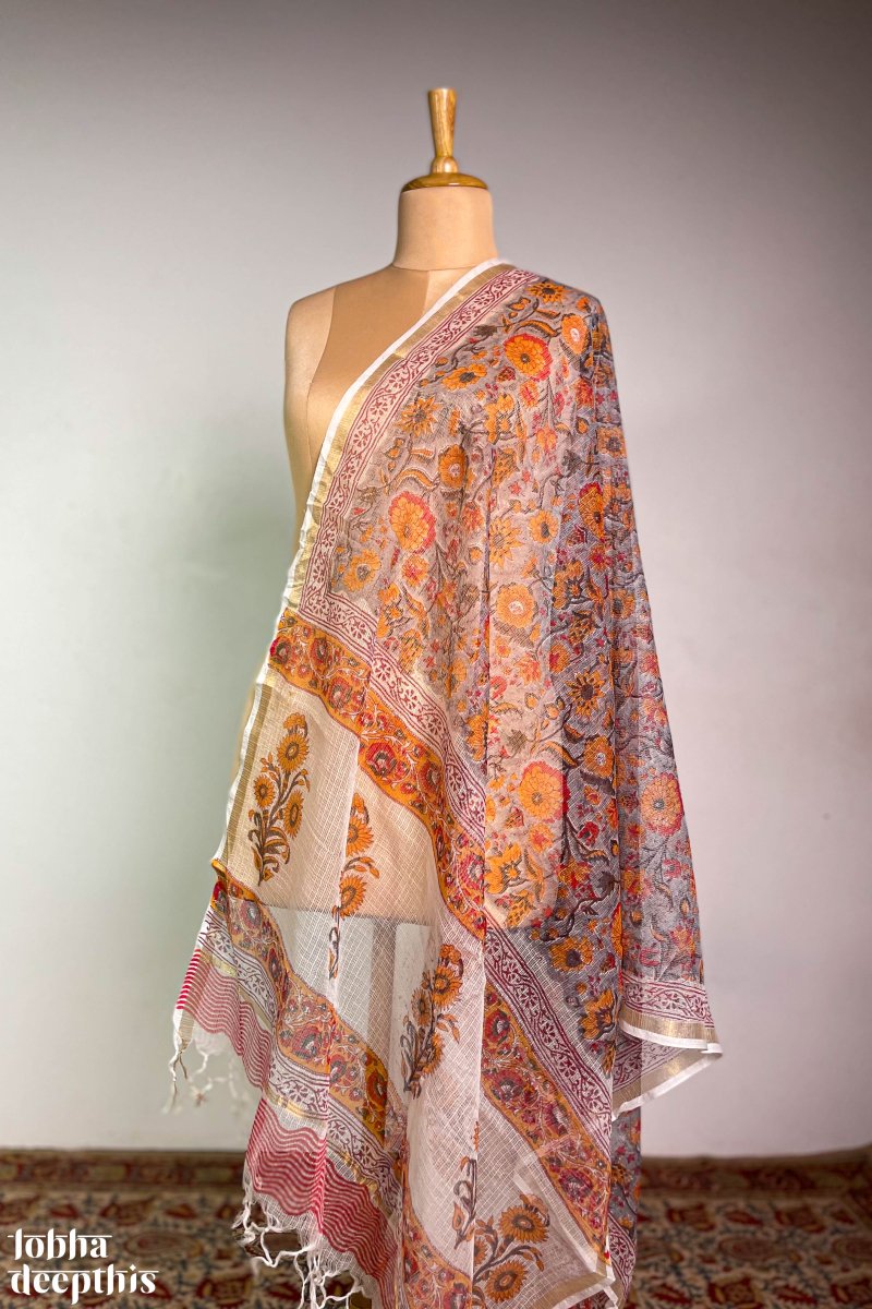 Sanganeri Florals Grey Kota Doria Cotton Dupatta - Lobha Deepthis