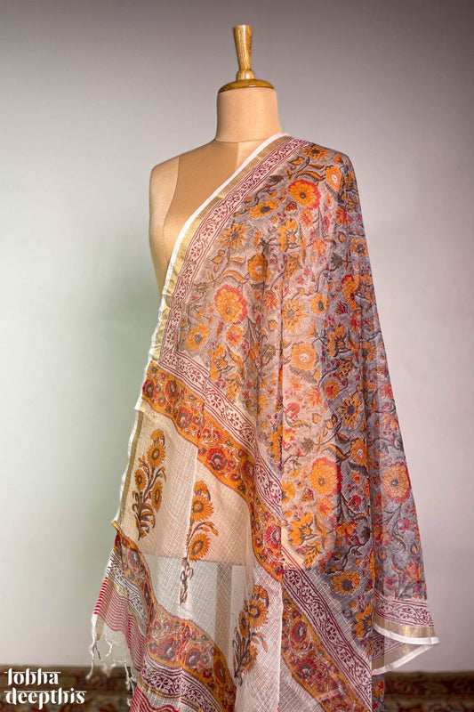 Sanganeri Florals Grey Kota Doria Cotton Dupatta - Lobha Deepthis