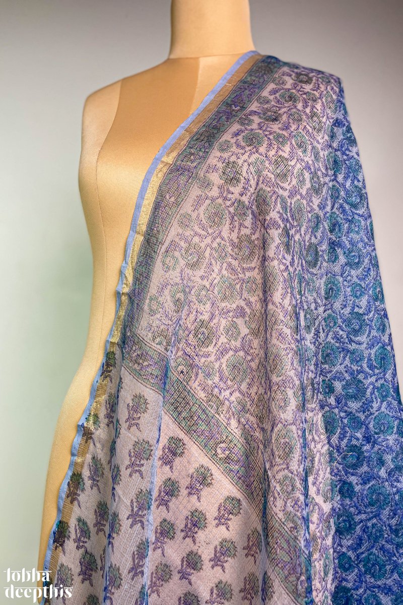 Sanganeri Florals Sea Blue Kota Doria Cotton Dupatta - Lobha Deepthis