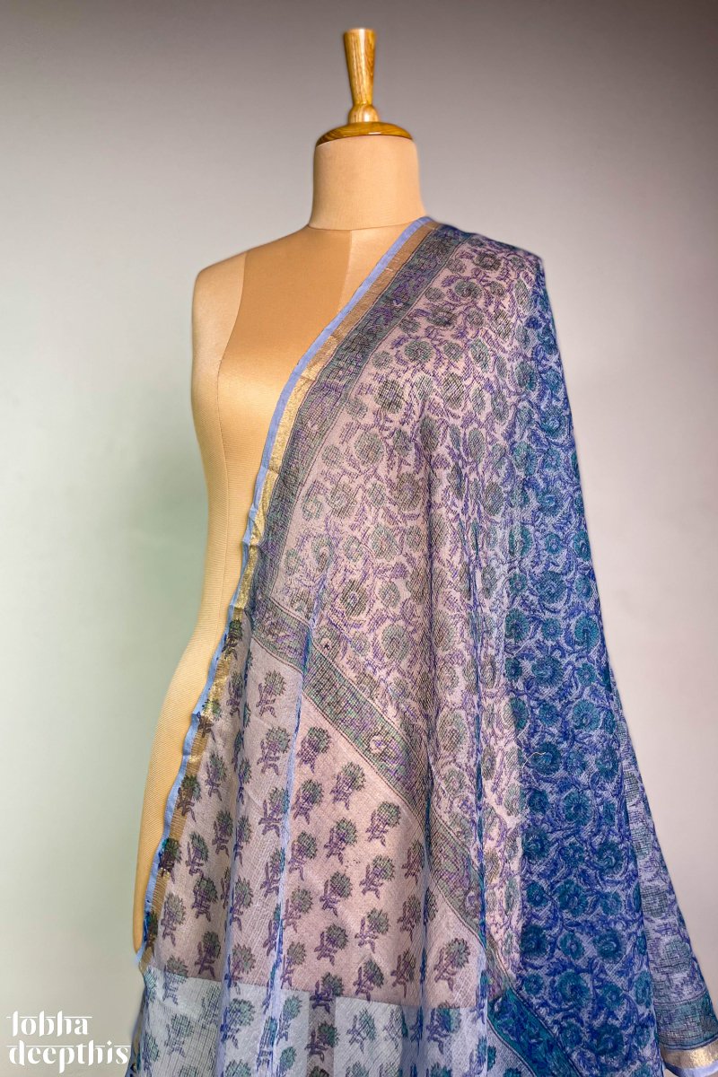 Sanganeri Florals Sea Blue Kota Doria Cotton Dupatta - Lobha Deepthis