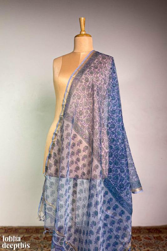 Sanganeri Florals Sea Blue Kota Doria Cotton Dupatta - Lobha Deepthis