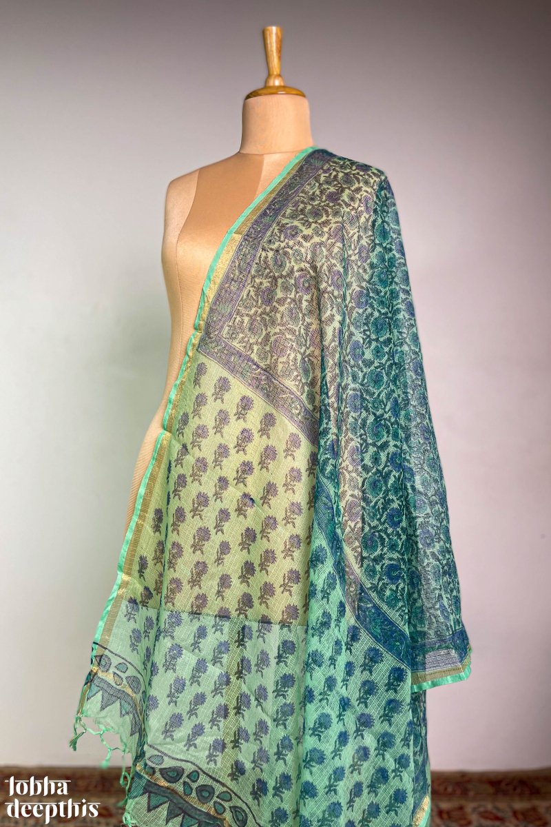 Sanganeri Florals Sea Green Kota Doria Cotton Dupatta - Lobha Deepthis