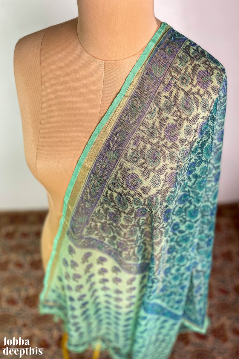 Sanganeri Florals Sea Green Kota Doria Cotton Dupatta - Lobha Deepthis