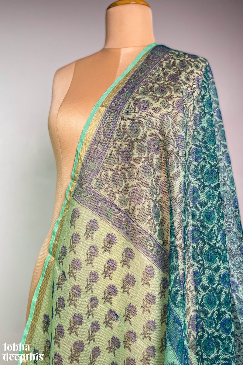 Sanganeri Florals Sea Green Kota Doria Cotton Dupatta - Lobha Deepthis