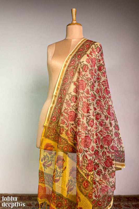 Sanganeri Florals Yellow Kota Doria Cotton Dupatta - Lobha Deepthis