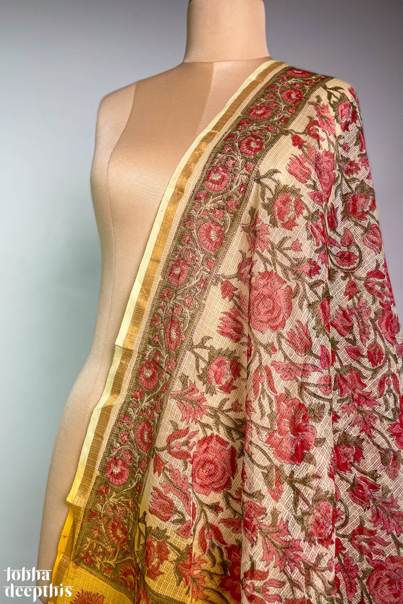 Sanganeri Florals Yellow Kota Doria Cotton Dupatta - Lobha Deepthis