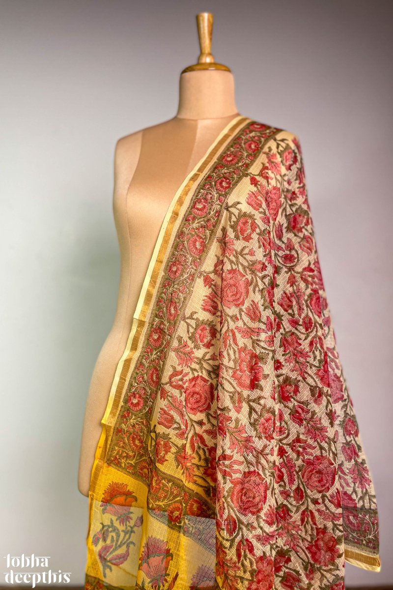 Sanganeri Florals Yellow Kota Doria Cotton Dupatta - Lobha Deepthis