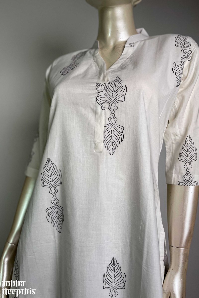 Sanganeri Leaves White Collar Kurta - Lobha Deepthis