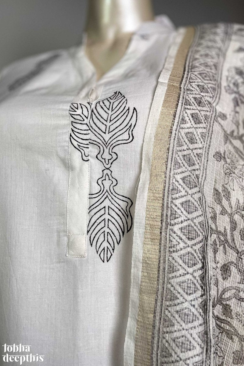 Sanganeri Leaves White Collar Kurta - Lobha Deepthis