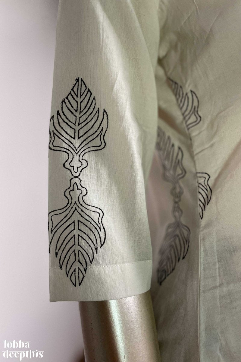 Sanganeri Leaves White Collar Kurta - Lobha Deepthis