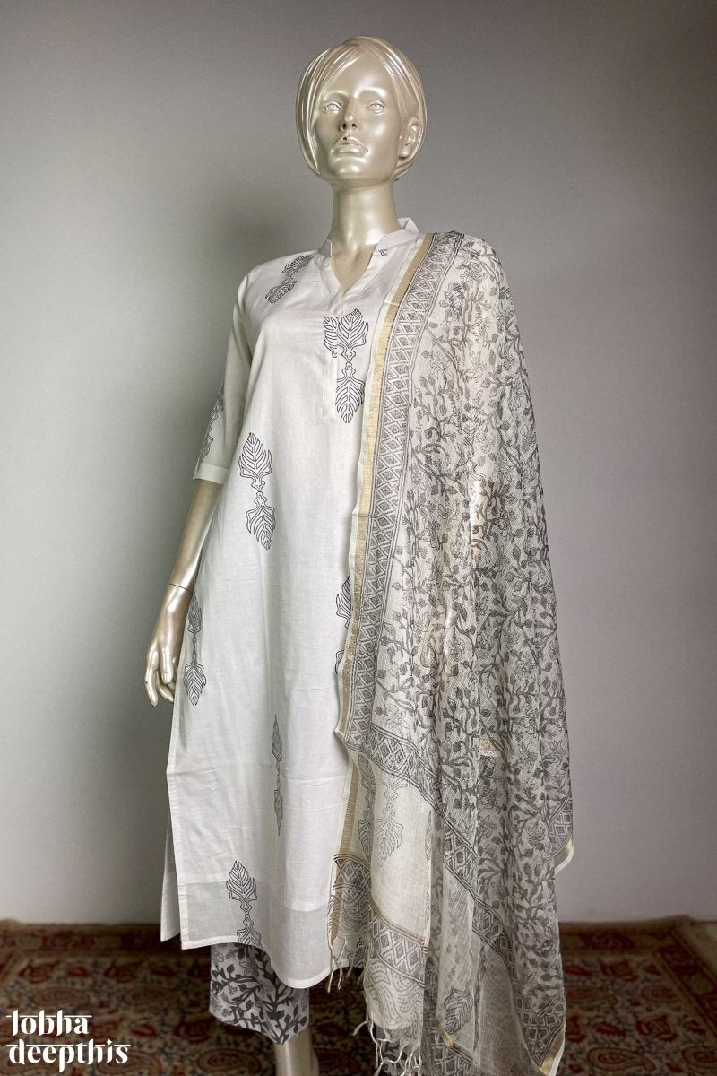 Sanganeri Leaves White Collar Kurta - Lobha Deepthis