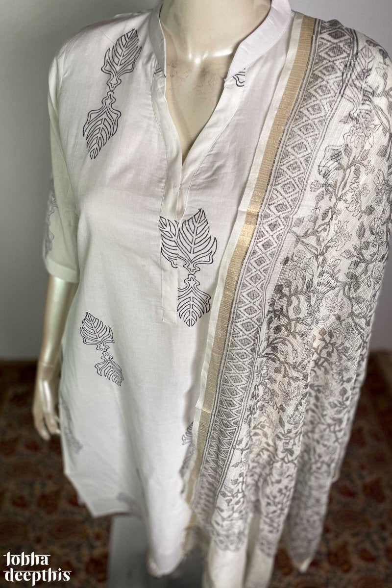 Sanganeri Leaves White Collar Kurta - Lobha Deepthis