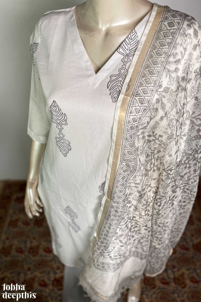 Sanganeri Leaves White V Neck Kurta - Lobha Deepthis