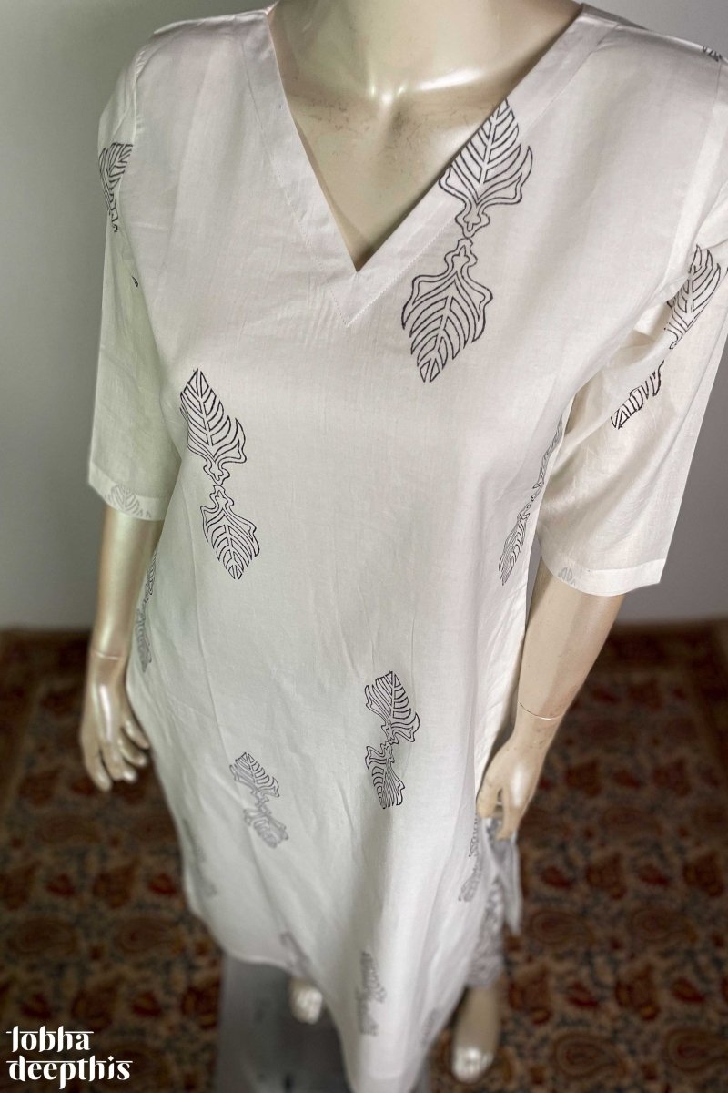 Sanganeri Leaves White V Neck Kurta - Lobha Deepthis