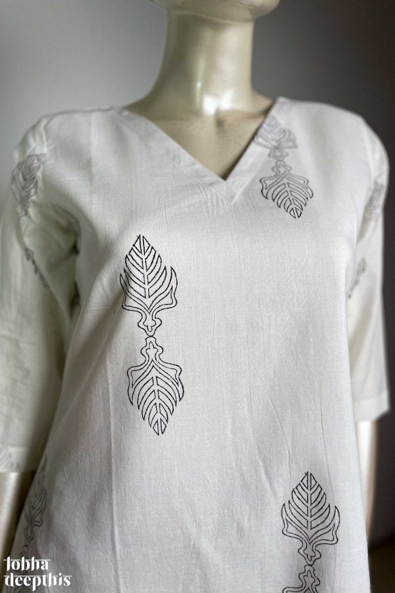 Sanganeri Leaves White V Neck Kurta - Lobha Deepthis