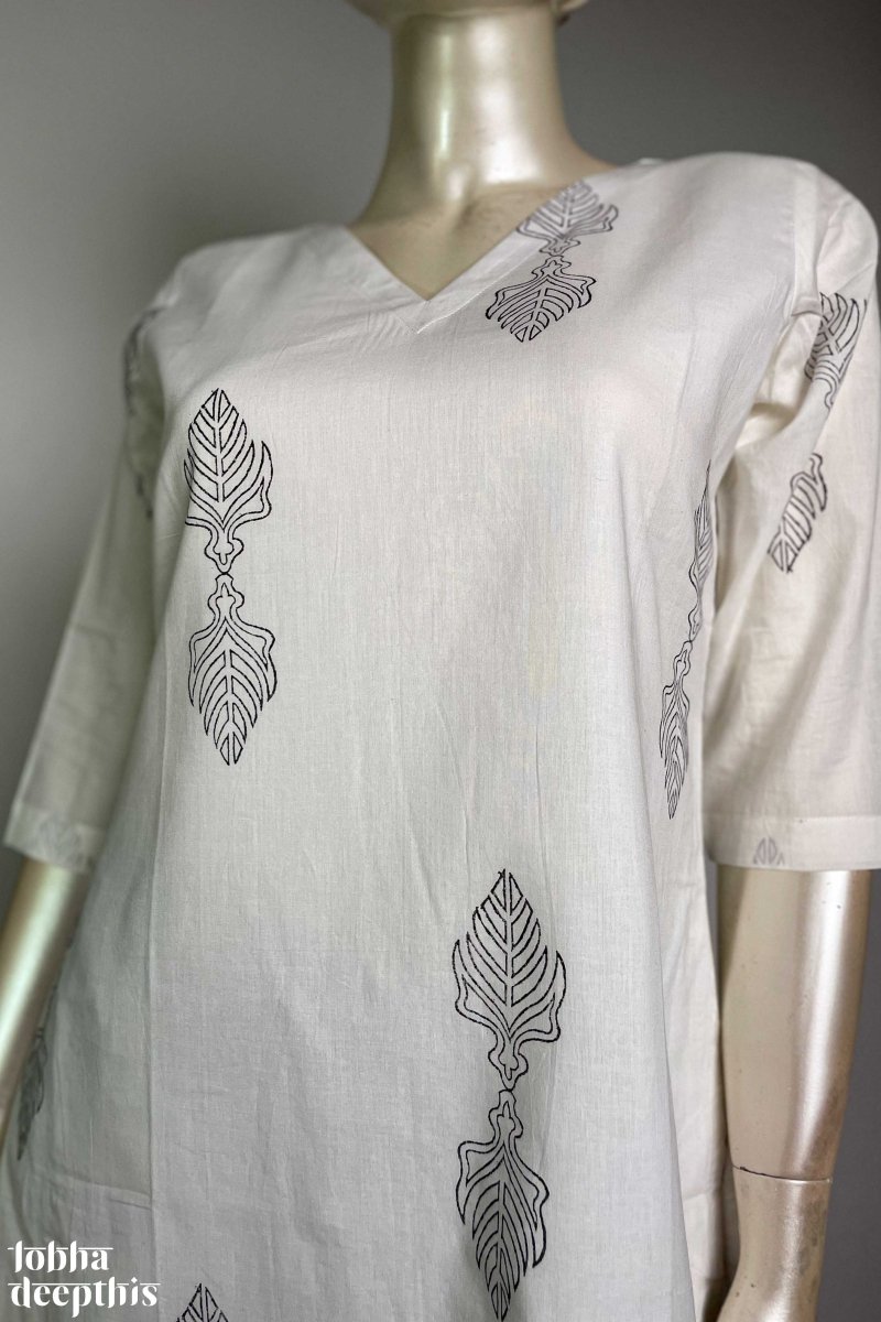 Sanganeri Leaves White V Neck Kurta - Lobha Deepthis