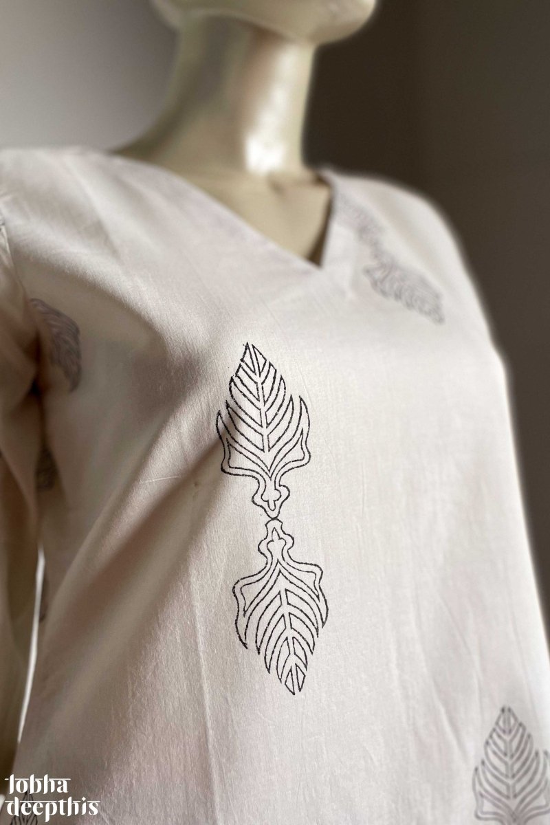 Sanganeri Leaves White V Neck Kurta - Lobha Deepthis