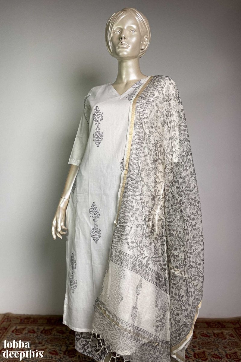 Sanganeri Leaves White V Neck Kurta - Lobha Deepthis