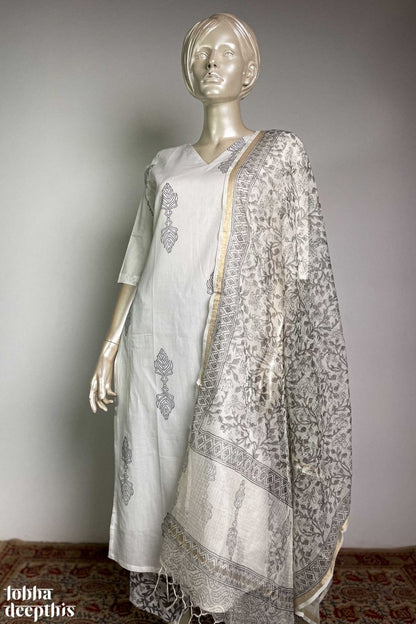 Sanganeri Leaves White V Neck Kurta - Lobha Deepthis