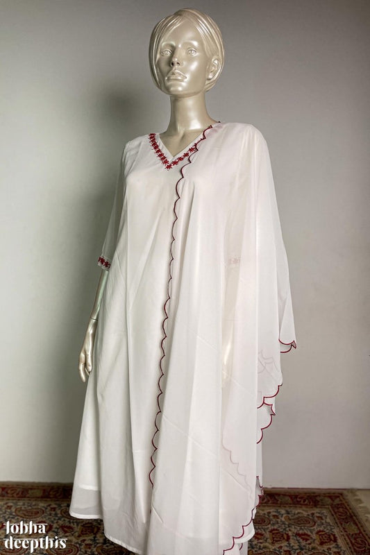 Sequins Flowers on V Neck White Christmas Kurta - Lobha Deepthis