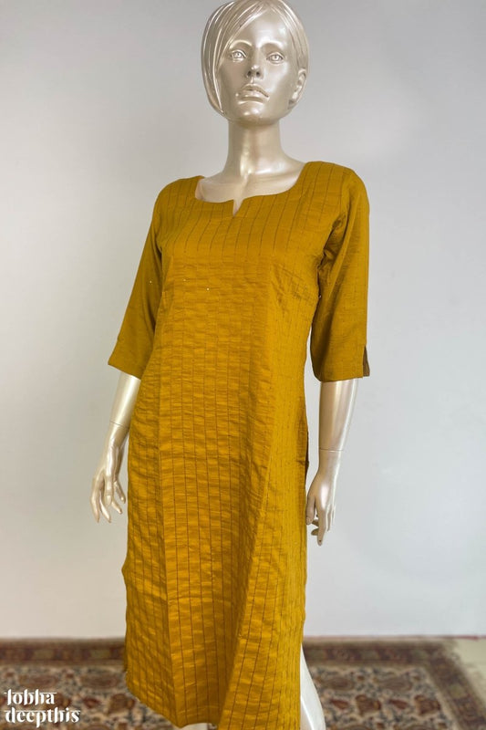 Subtle Sequins Chinon Dark Yellow Round Neck Kurta - Lobha Deepthis