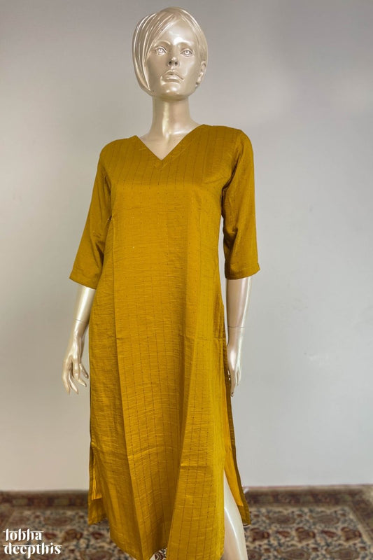 Subtle Sequins Chinon Dark Yellow V Neck Kurta - Lobha Deepthis