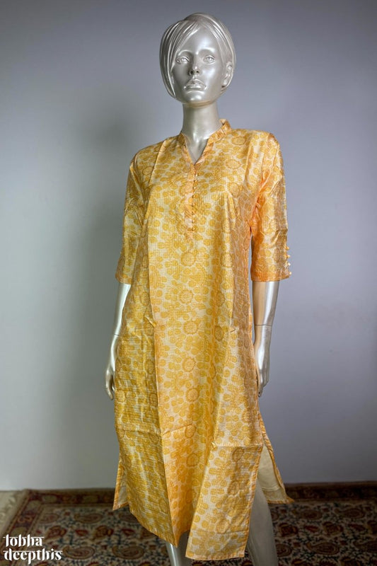 The Monsoon Pastels: Lemon Yellow Half Collar Kurta - Lobha Deepthis