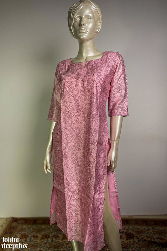 The Monsoon Pastels: Light Pink Simple Round Neck Kurta - Lobha Deepthis