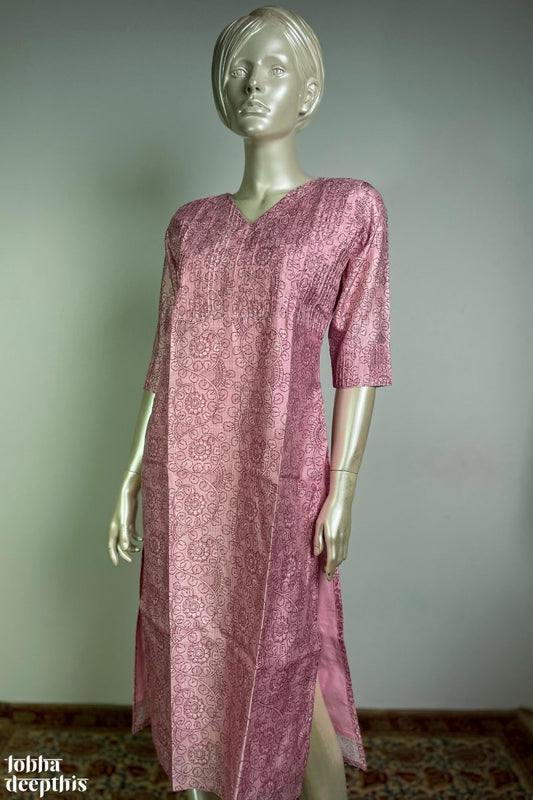 The Monsoon Pastels: Pink Pintuck Straight Kurta - Lobha Deepthis