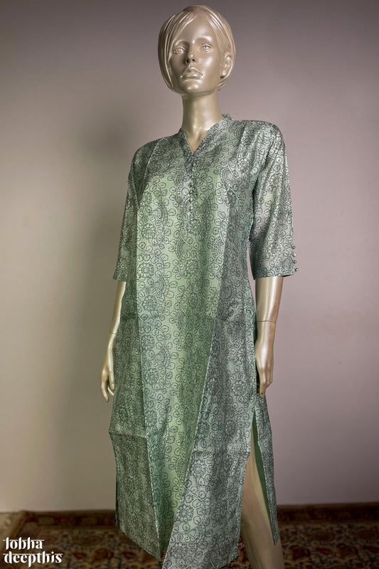 The Monsoon Pastels: Pista Green Half Collar Kurta - Lobha Deepthis