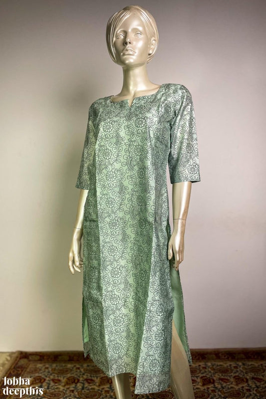 The Monsoon Pastels: Pista Green Simple Round Neck Kurta - Lobha Deepthis