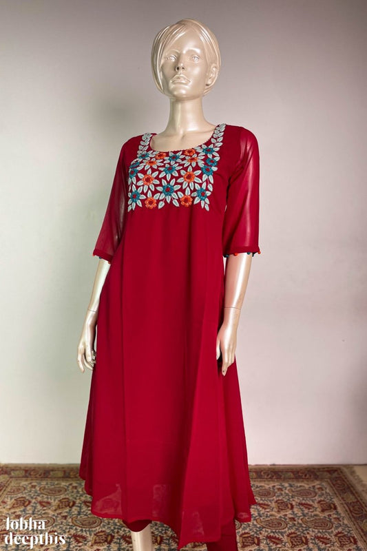 Thick Flowers on Red Faux Georgette Kurta - Lobha Deepthis