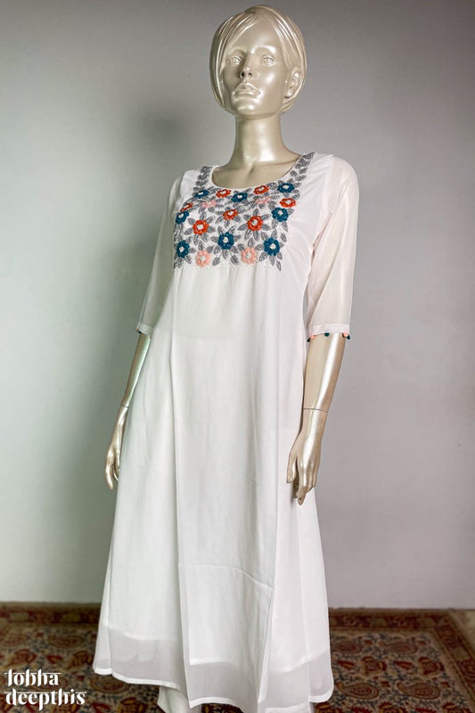 Thick Flowers on White Faux Georgette Kurta - Lobha Deepthis