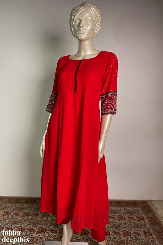 Thick Handwork on Sleeves Red Georgette Kurta - Lobha Deepthis