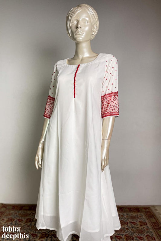 Thick Handwork on Sleeves White Georgette Kurta - Lobha Deepthis