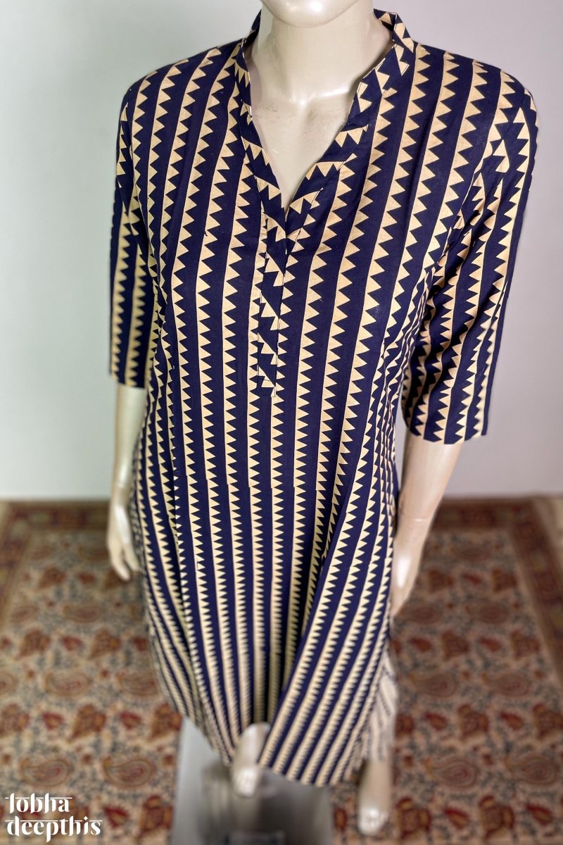 Triangle Stripes Blue Collar Kurta - Lobha Deepthis